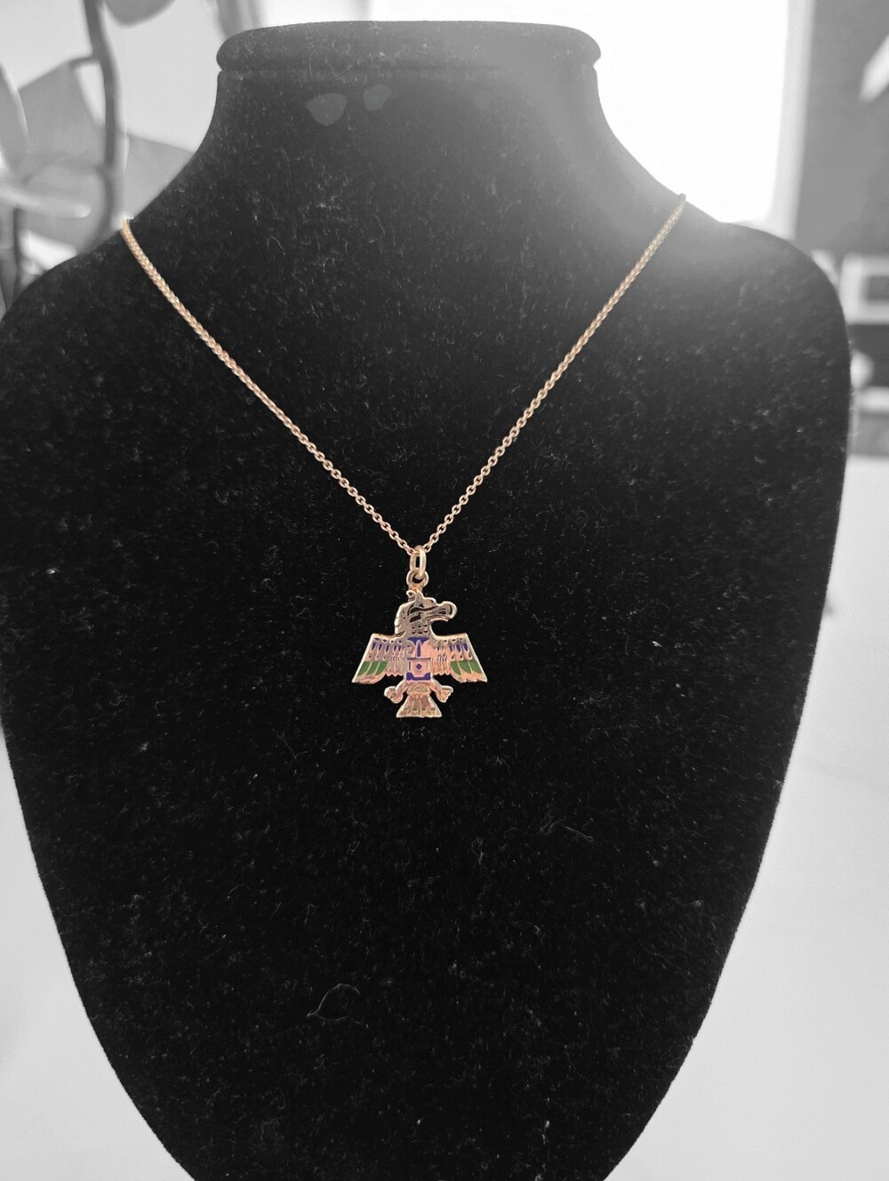Vintage Petite Enameled Sterling Silver Thunderbird Charm Necklace 925